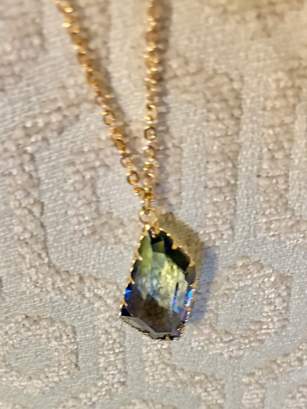 C & B Gold Tone Chain Necklace with Iridescent Blue-Green Crystal Pendant NWT